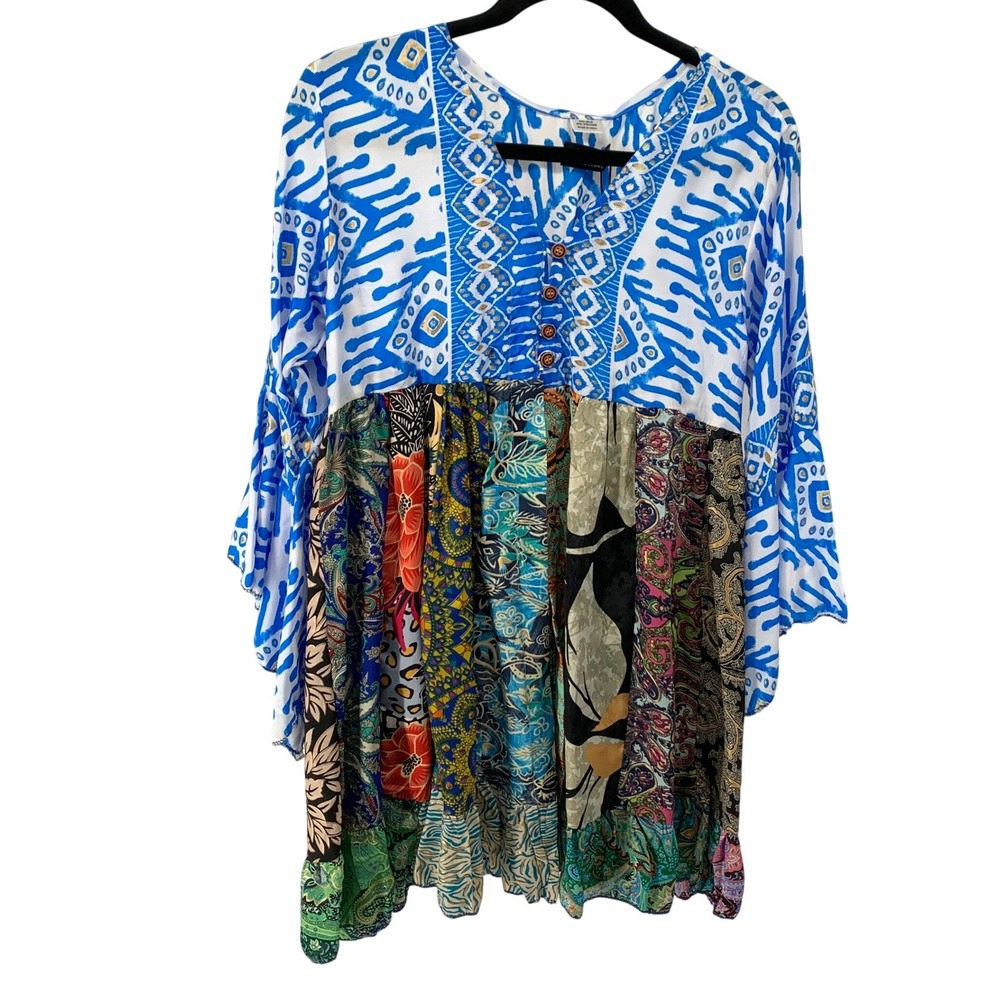 Nazila Couture 36" bust Silk Patchwork Top Blue Ikat Saree Fabric Bell Sleeve
